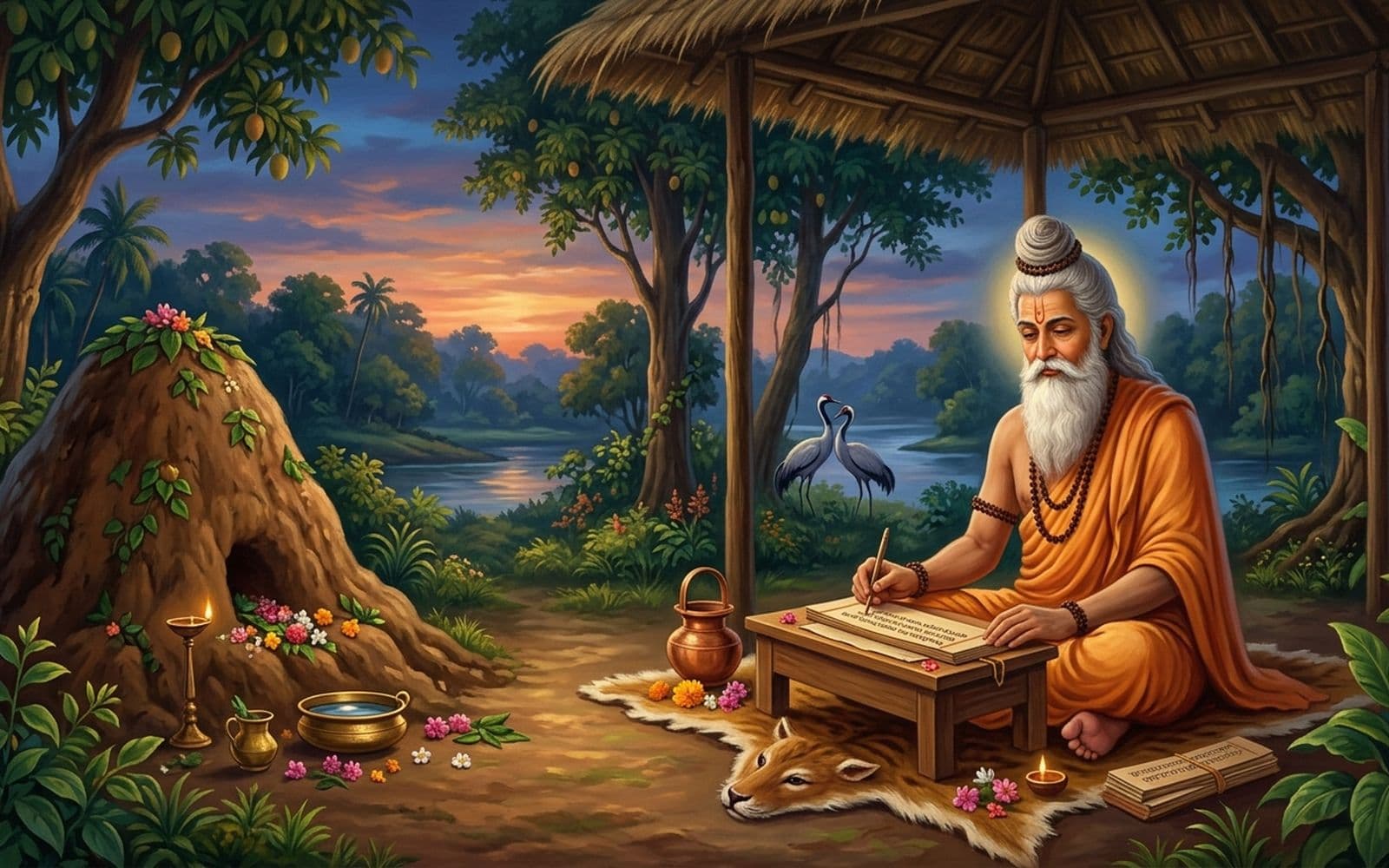 Maharishi Valmiki seated at his ashram writing the Ramayana on palm leaves, an anthill beside him