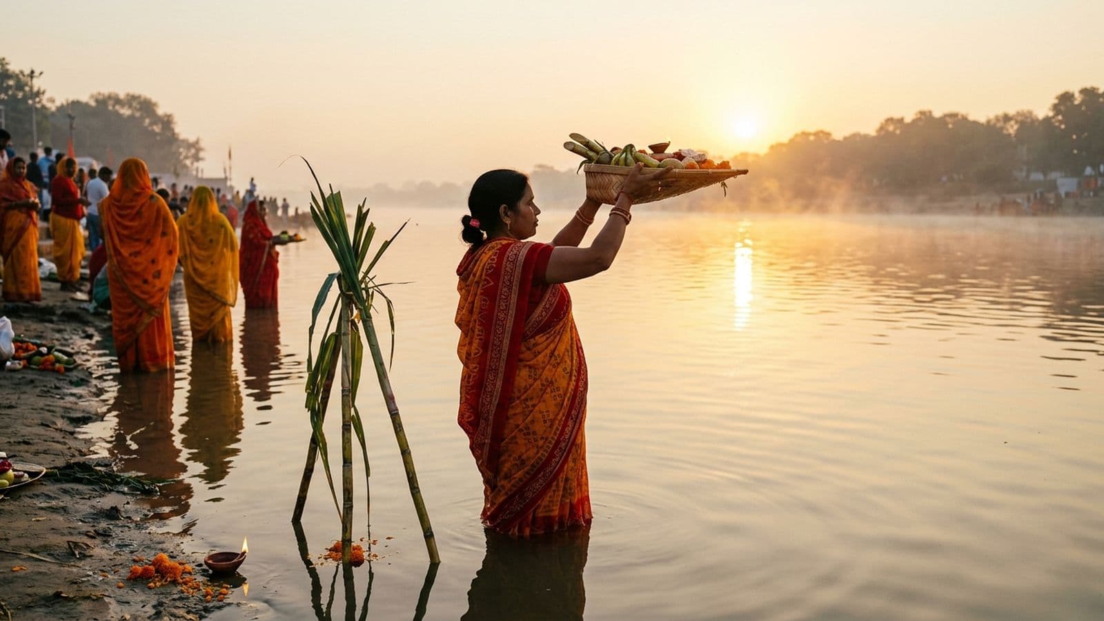 A Chhath vratti standing in river water offering sandhya arghya to the setting sun with a soop of thekua and fruit