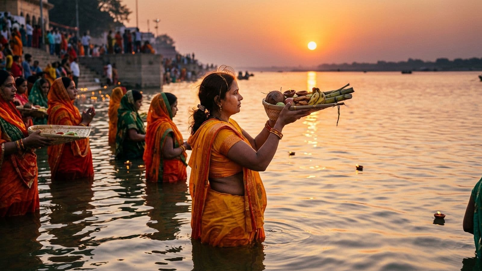 A vratti standing waist-deep in a river at dusk, raising a bamboo soop of thekua, sugarcane and fruit in arghya to the setting sun on Chhath