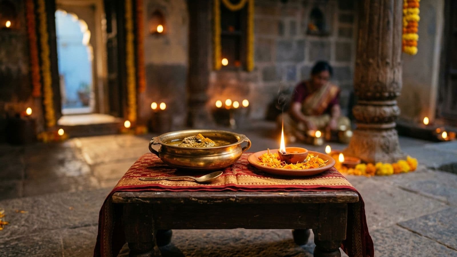 A brass lamp with warm oil and ubtan set out before dawn for the abhyanga snan on Choti Diwali