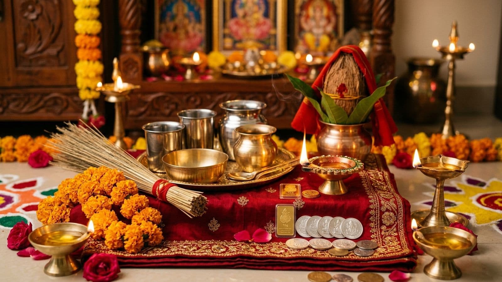 Newly bought silver coins, a brass lamp and a broom laid out for the Dhanteras pradosh puja at dusk
