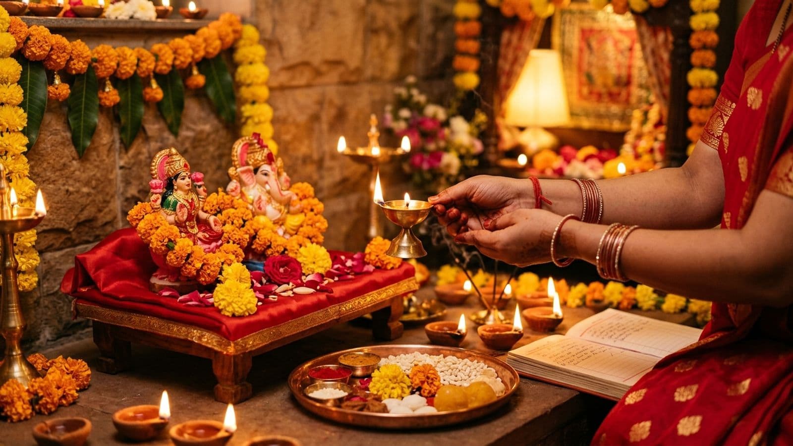 A doorway lined with lit clay diyas and a rangoli at dusk on Diwali, lamps welcoming Lakshmi into the home