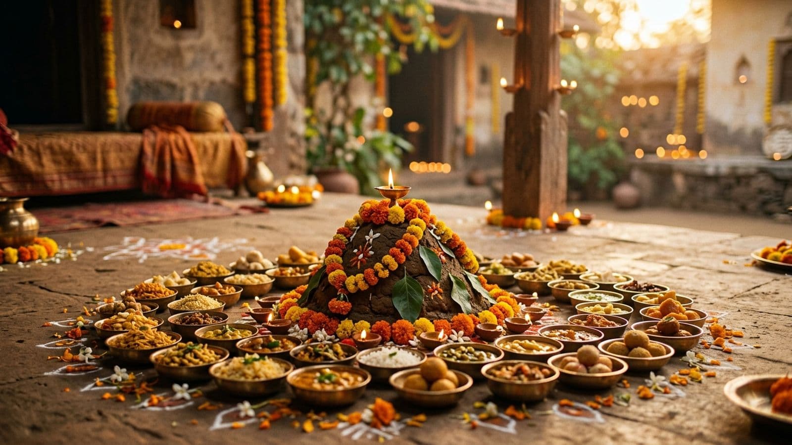 A small Govardhan hill shaped from cow dung and topped with a figure of Krishna, ringed by an Annakut of many dishes