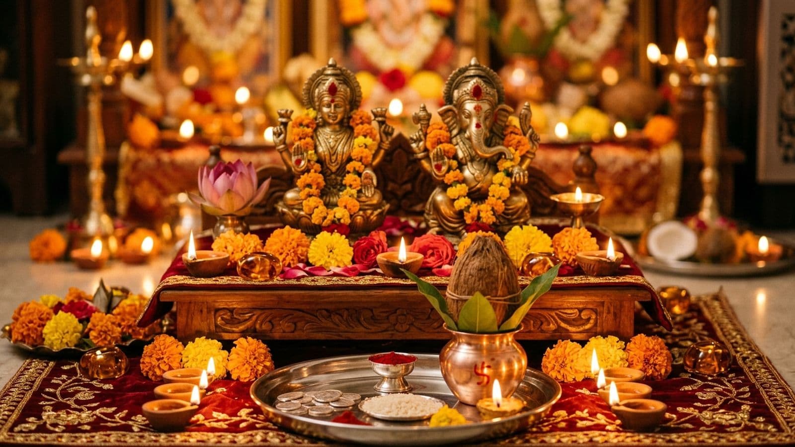 An oil lamp, kalash and silver coins before a Lakshmi murti at dusk, laid out for the Diwali pradosh puja