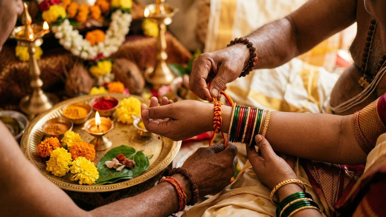 A fourteen-knot red-orange anant sutra tied on the wrist before an image of Vishnu on Anant Chaturdashi