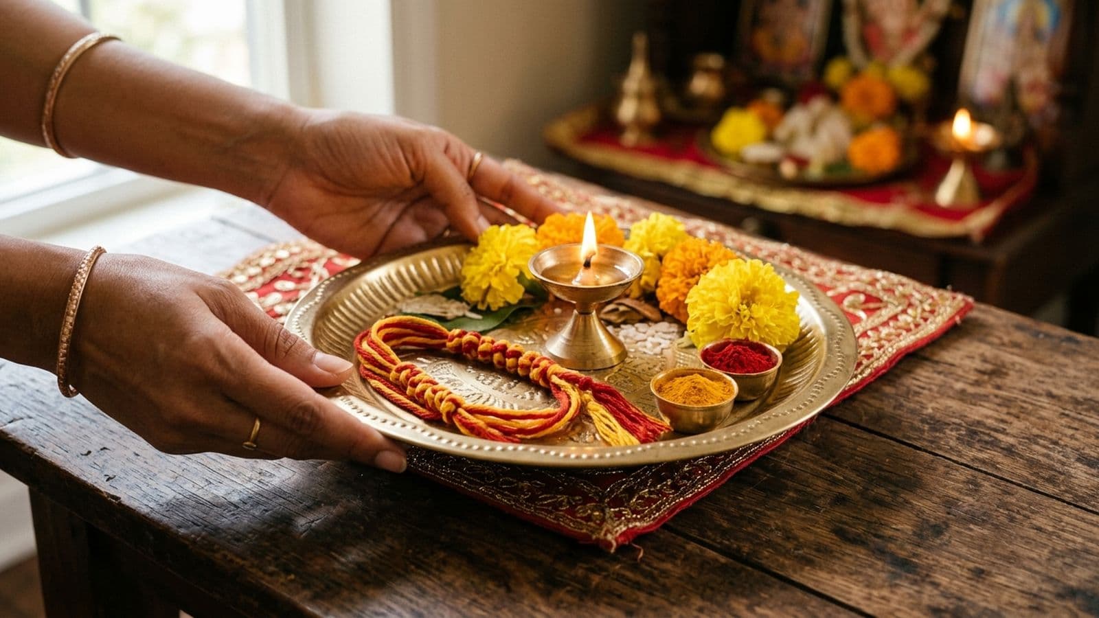 A fourteen-knot red-orange anant sutra tied on the wrist before an image of Vishnu on Anant Chaturdashi