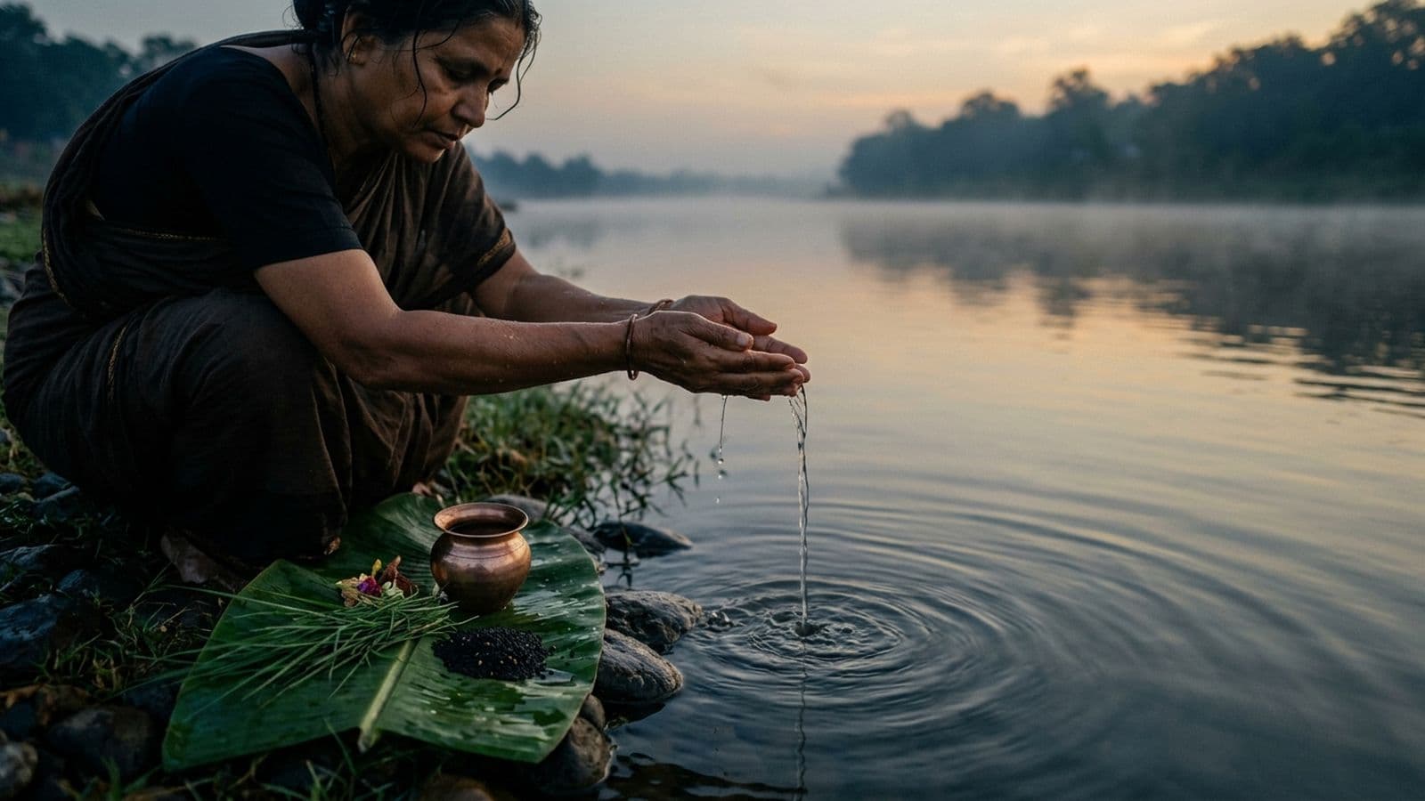 Kusha grass and a tarpan of black sesame and water offered on Bhadrapada Amavasya at an afternoon riverside