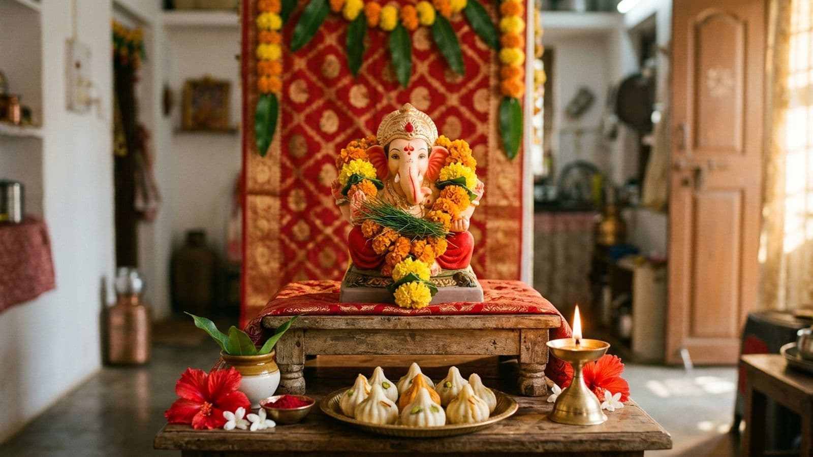 A clay Ganesha murti installed on a decorated chowki with durva, modak and marigold on Ganesh Chaturthi