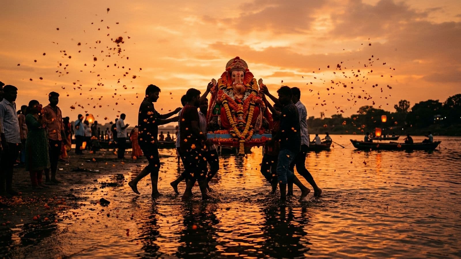 A clay Ganesha murti carried in procession for visarjan, being lowered into water after the final aarti