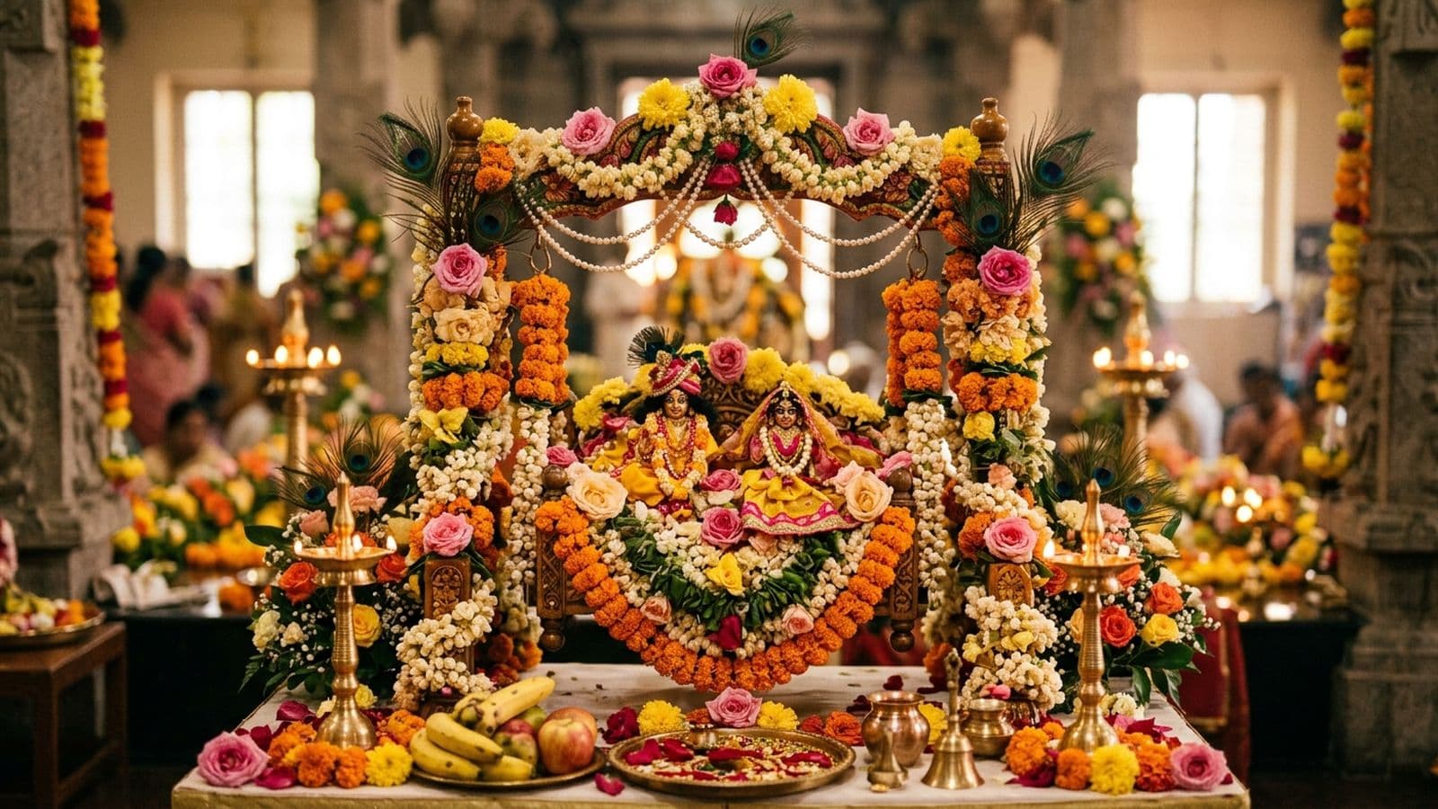 Radha and Krishna together on a flower-decked jhula with a yellow panjiri bhog offered on Radha Ashtami