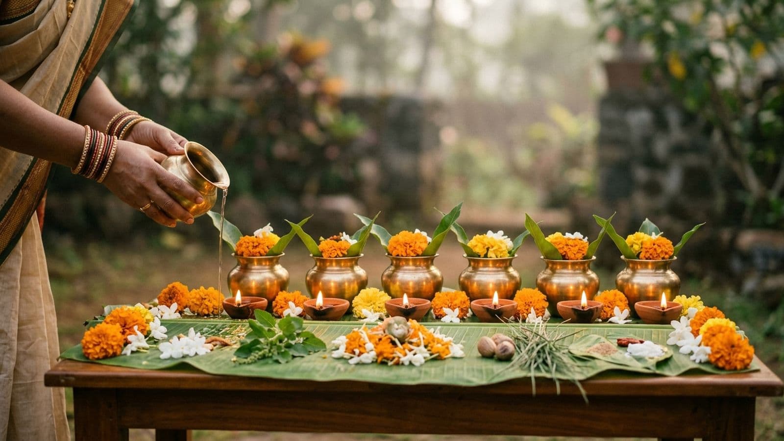 A woman offering worship to the seven sages and Arundhati with a lamp, flowers and durva on Rishi Panchami