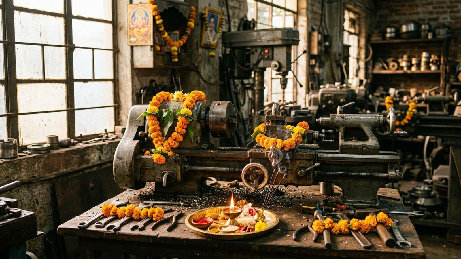 Workshop tools, a lathe and machinery cleaned and decorated with marigold before an image of Vishwakarma on Vishwakarma Puja