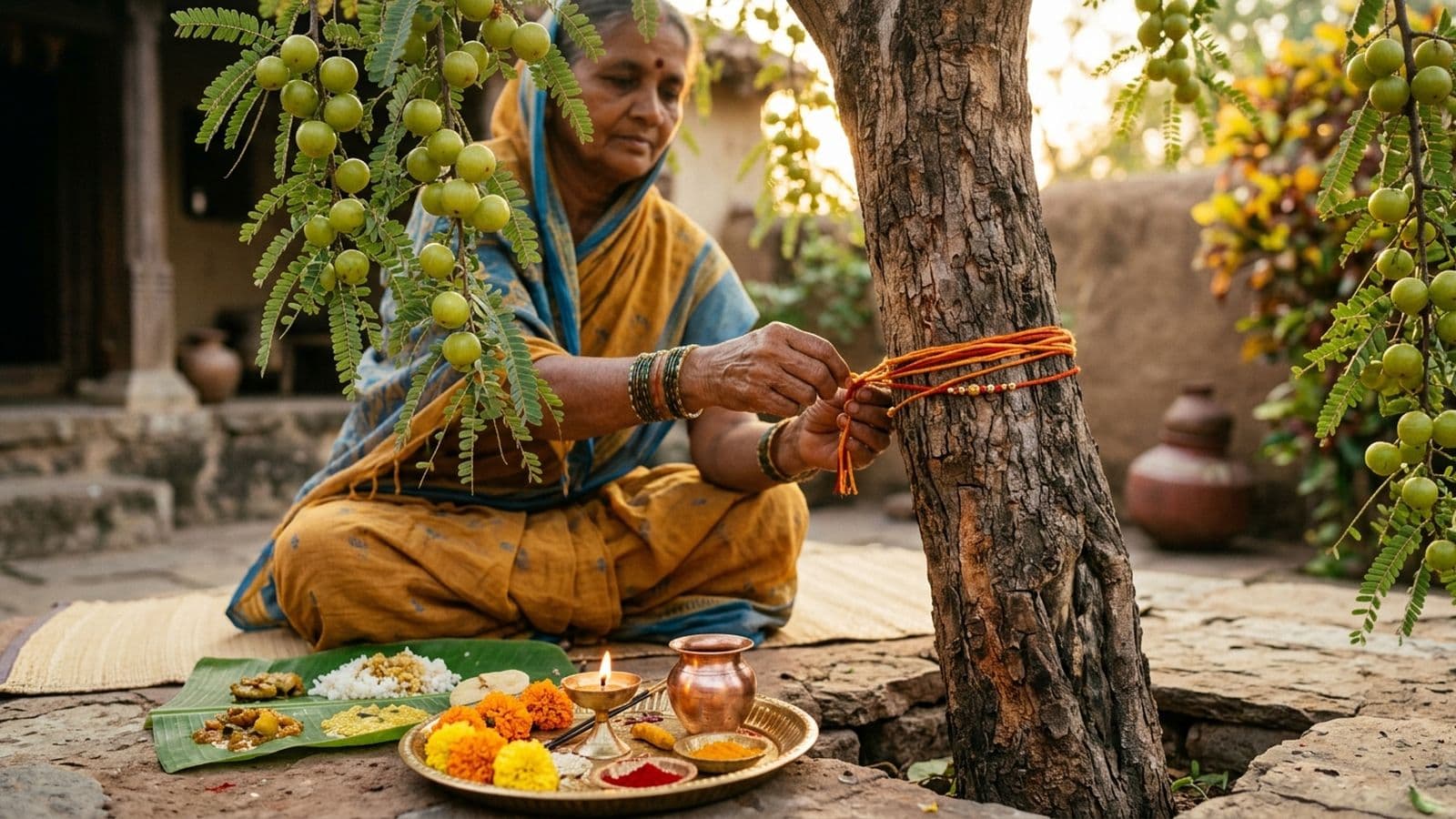 A family worshipping the amla (Indian gooseberry) tree and sharing a meal cooked beneath its branches on Akshaya Navami