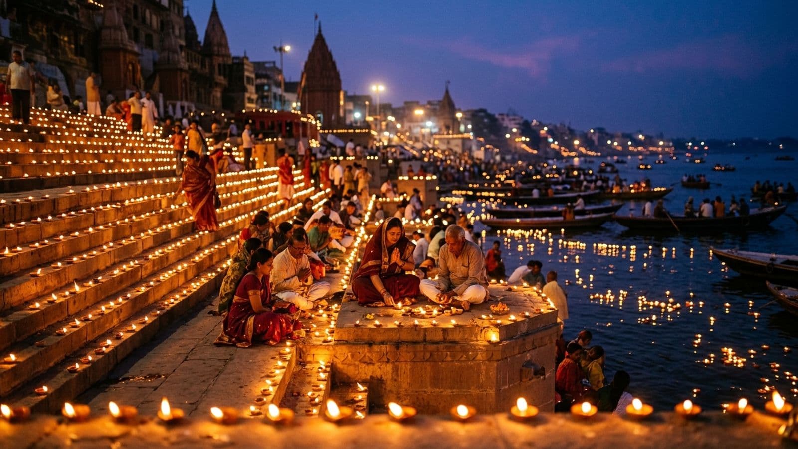 Lakhs of earthen lamps glowing along the stone steps of the Varanasi ghats at dusk on Dev Deepawali