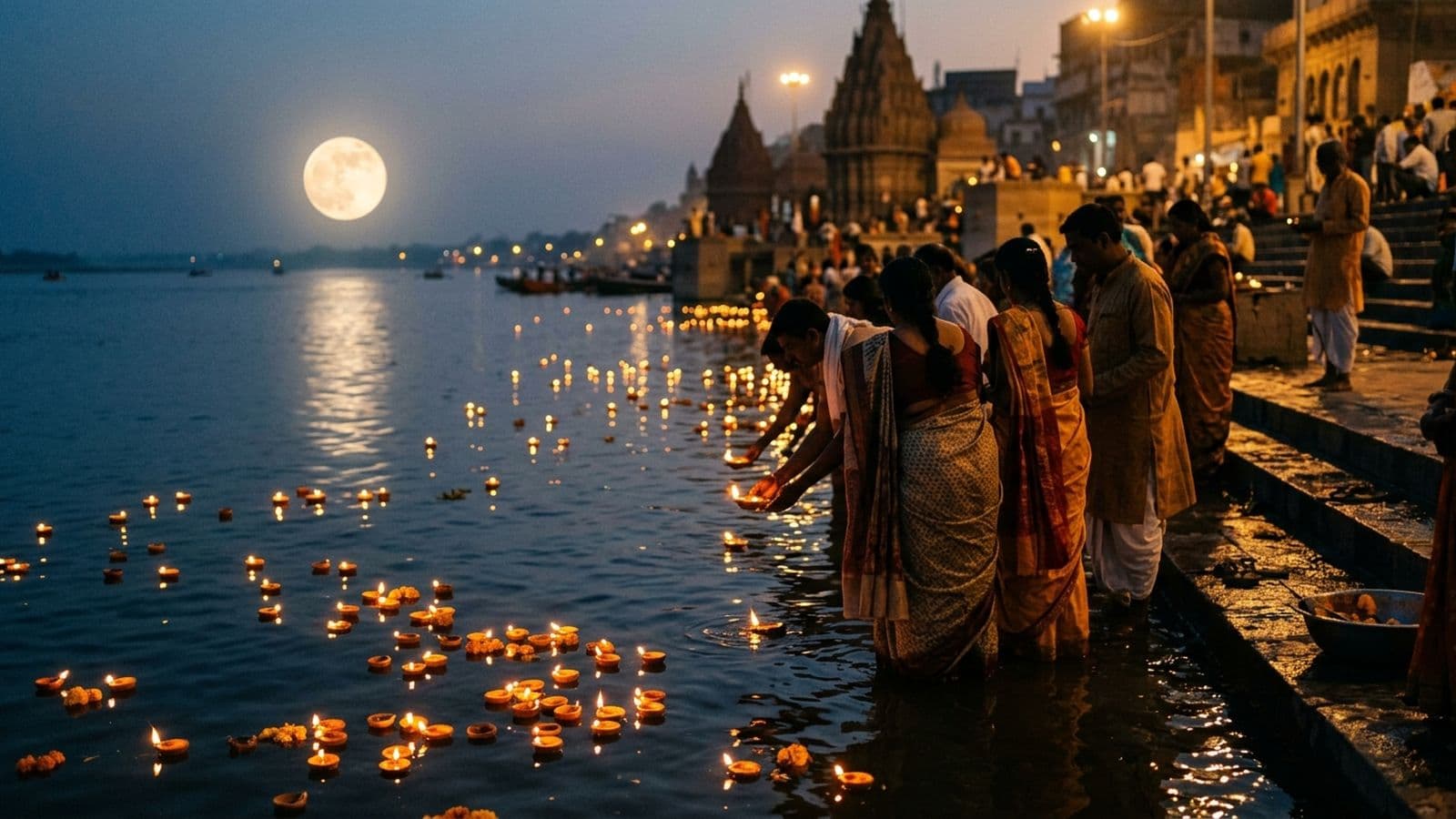 Earthen lamps floated on a river ghat at dusk on Kartik Purnima, with a large full moon rising over the water