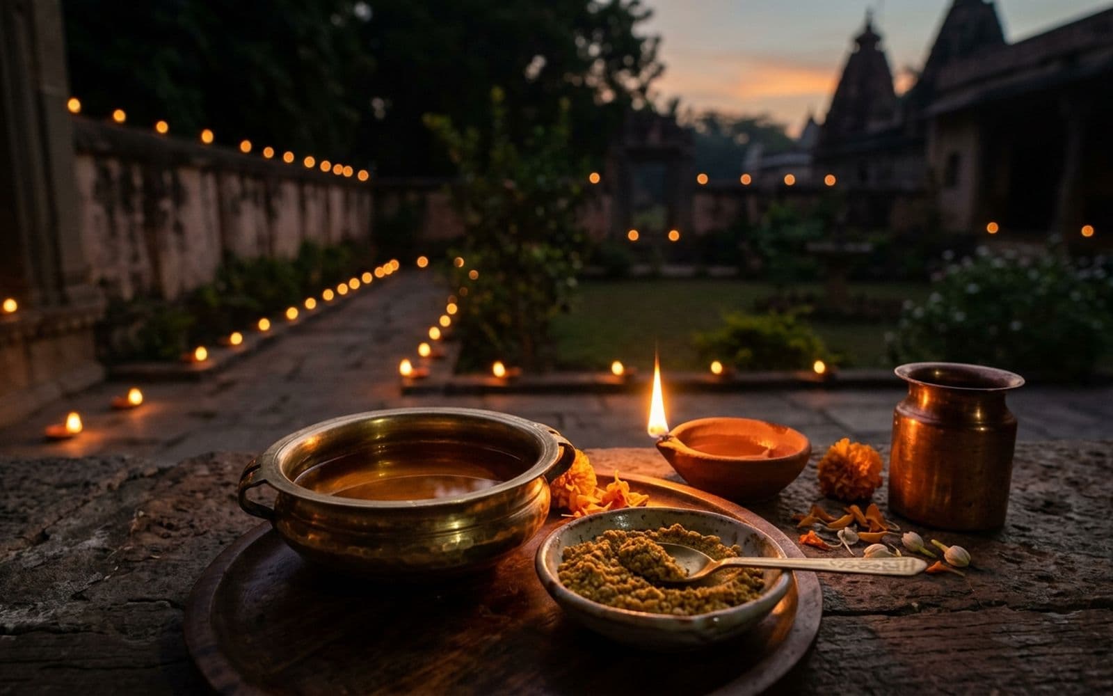 A pre-dawn oil lamp and ubtan bowl for the Abhyanga Snan on Narak Chaturdashi, with rows of diyas behind