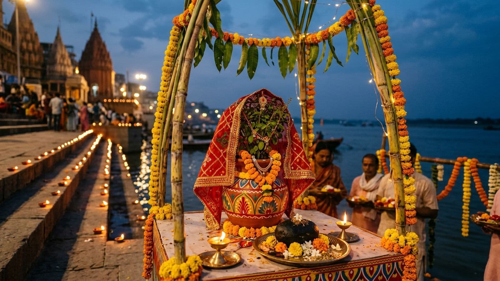The tulsi plant dressed as a bride under a sugarcane mandap for her Tulsi Vivah marriage to Shaligram