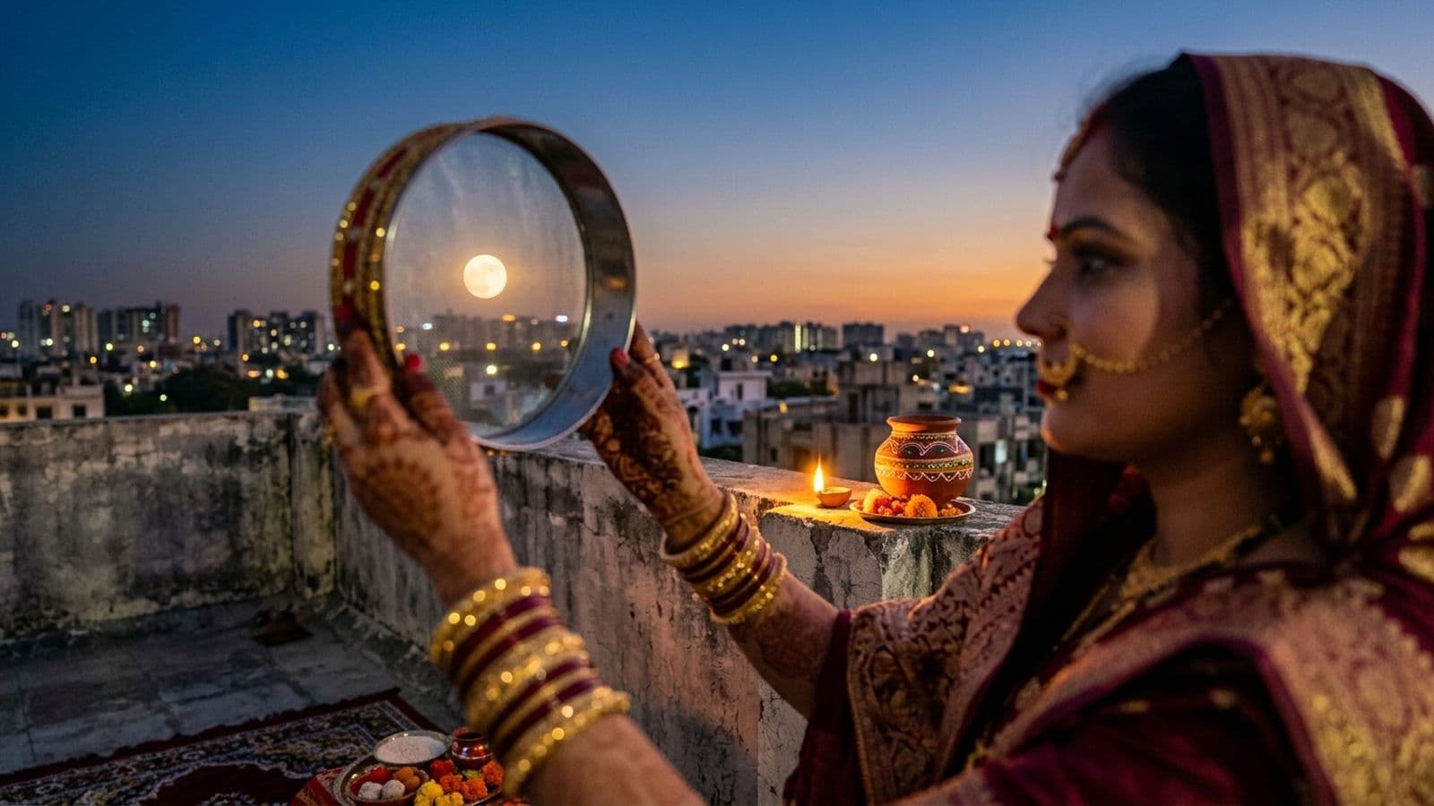 The full moon rising over a city skyline on Karwa Chauth, seen through a decorated chalni sieve