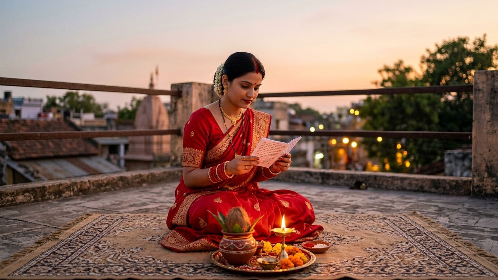 A woman holding a decorated puja thali and a chalni to the moon on the evening of Karwa Chauth