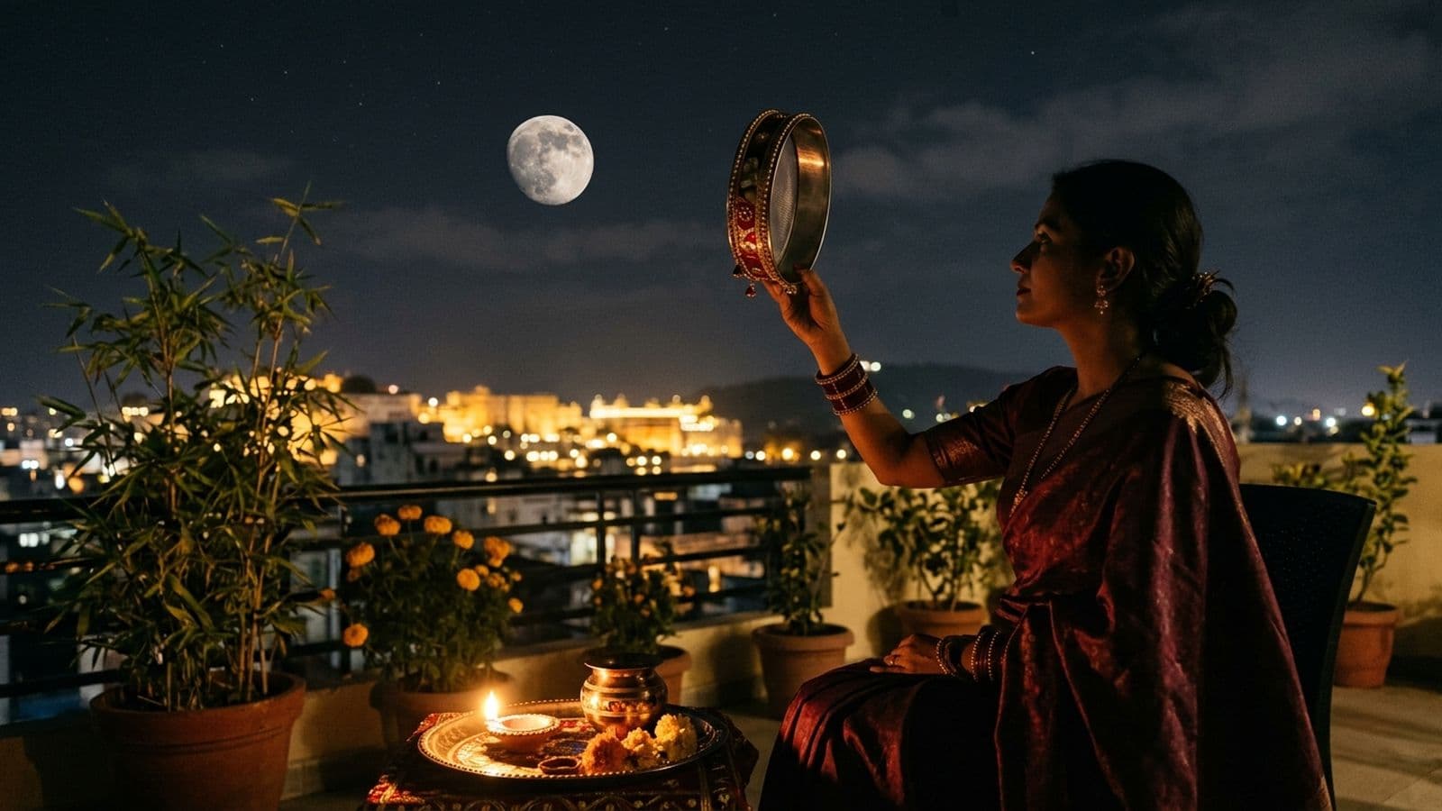 A married woman viewing the moon through a chalni sieve with a lit karwa and puja thali on Karwa Chauth