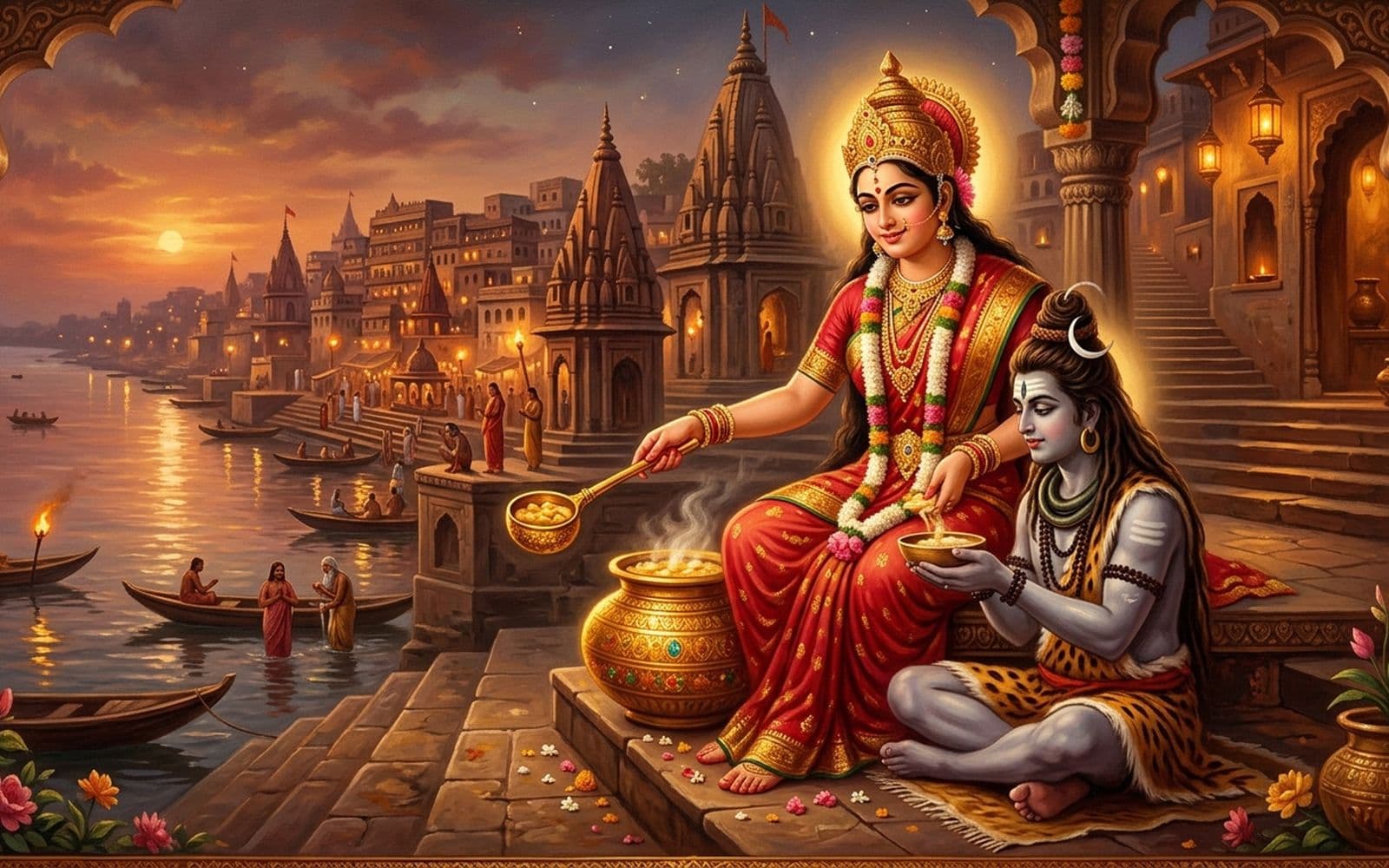 Goddess Annapurna with a golden ladle and pot of food serving Shiva, who holds a begging bowl, at Kashi