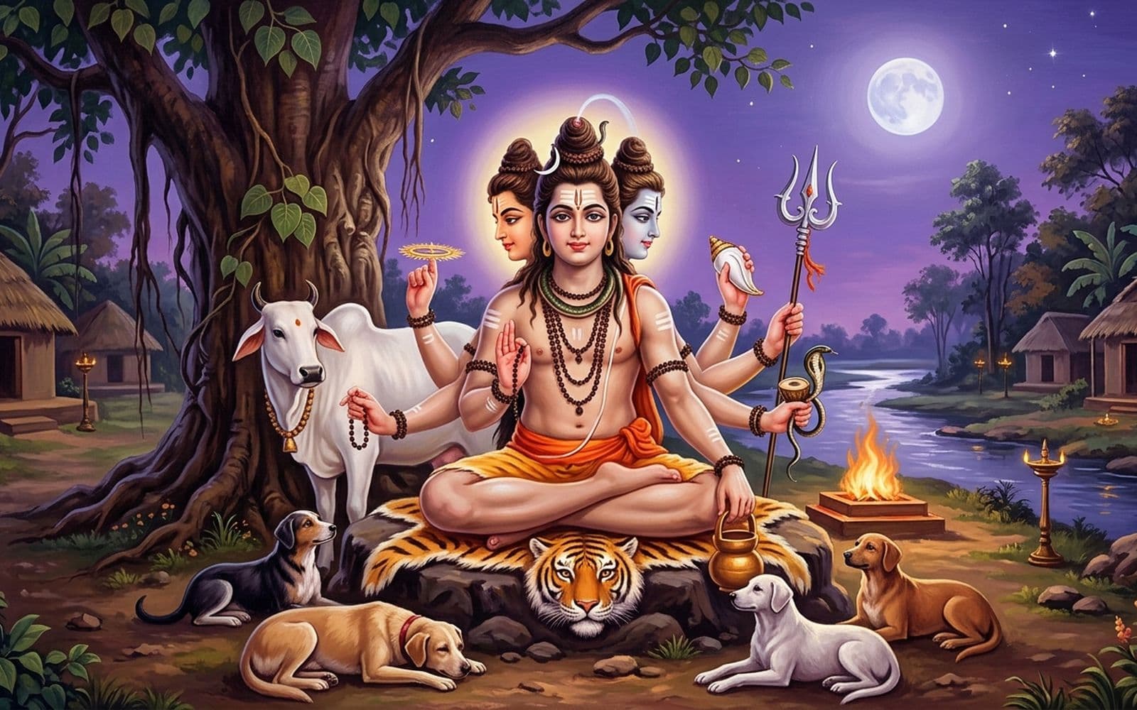 Lord Dattatreya with three heads and six arms, the four dogs and the cow beside him, before the audumbar tree