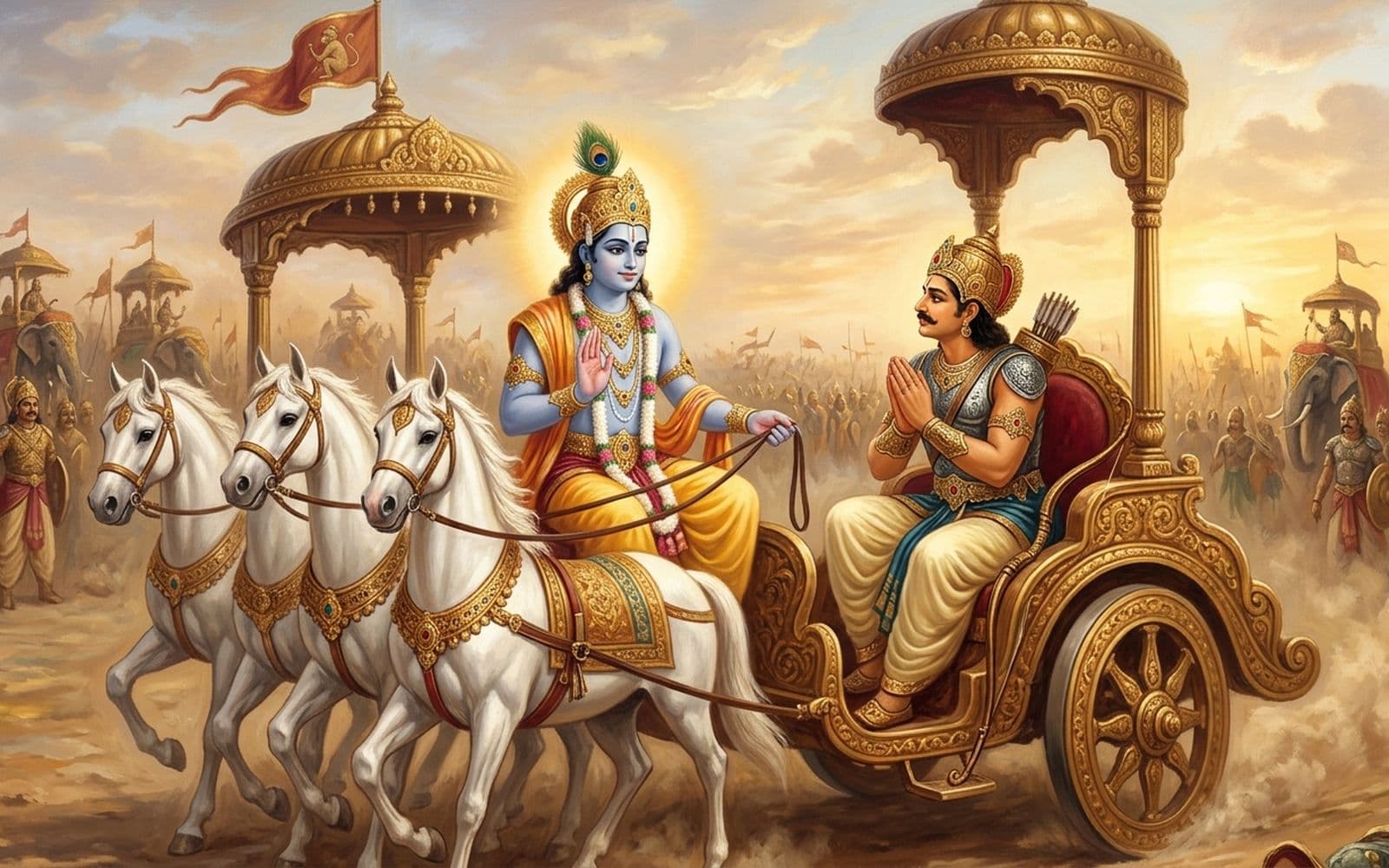 Krishna counselling Arjuna from the chariot on the field of Kurukshetra, the moment the Bhagavad Gita was spoken