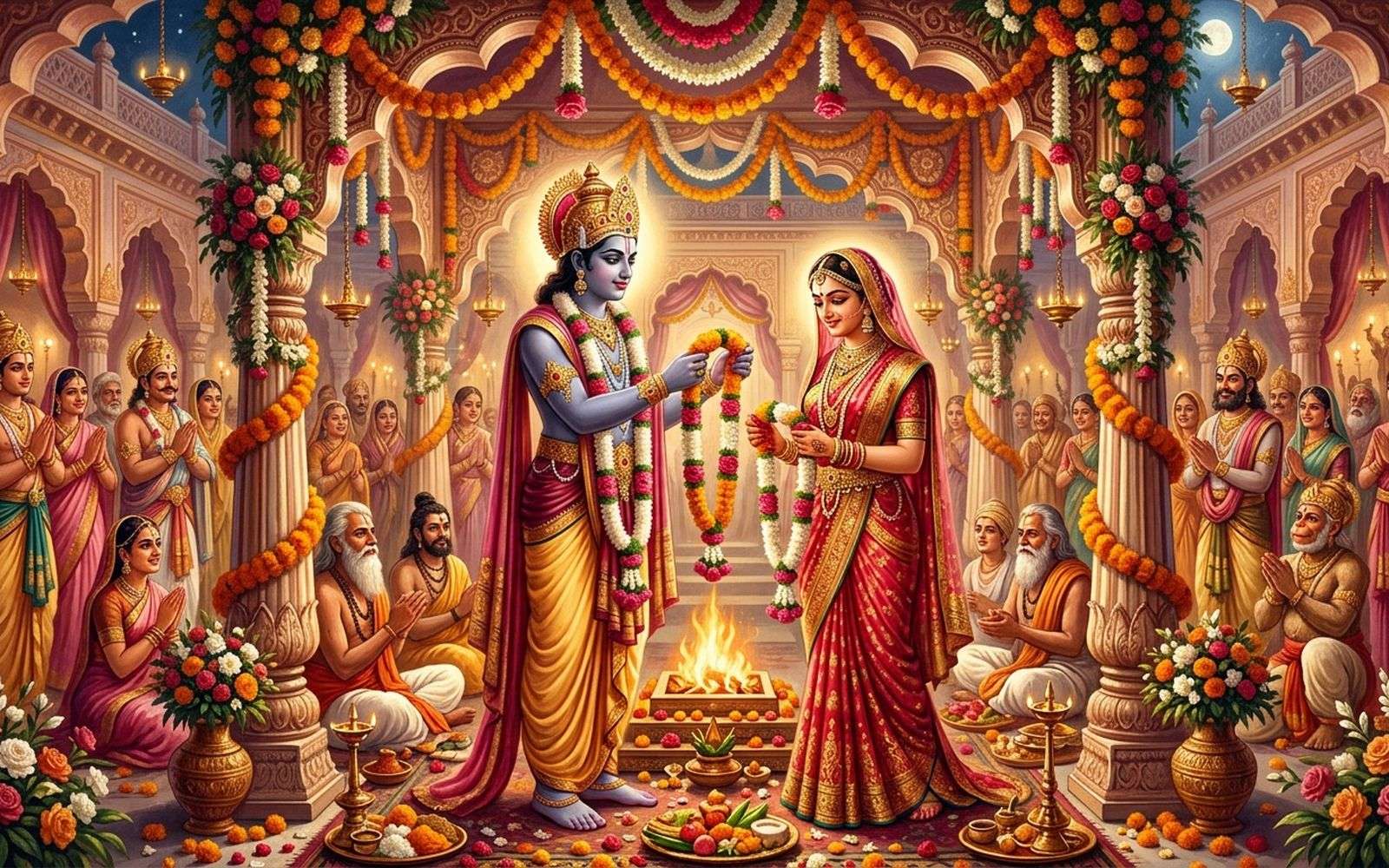 The wedding of Ram and Sita, garlanded together before the sacred fire at Janakpur on Vivah Panchami