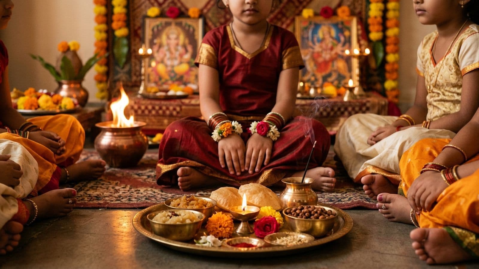 Durga in her Mahagauri form worshipped on Maha Ashtami with red flowers, sindoor and lit lamps during the Sandhi Puja