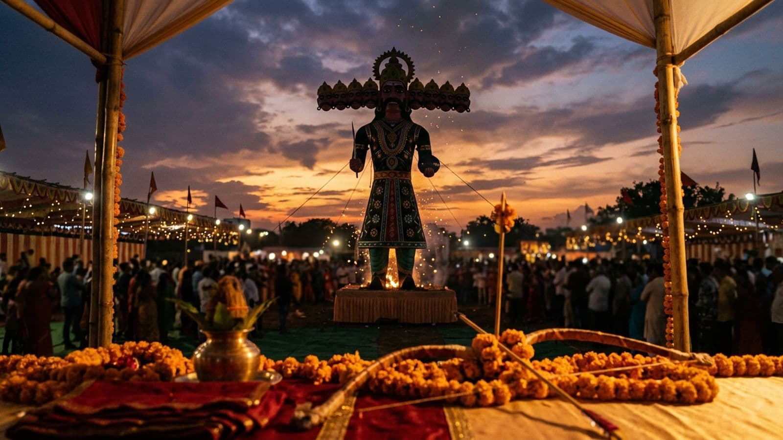 A towering effigy of the ten-headed Ravana at dusk before the Ravan Dahan on Dussehra