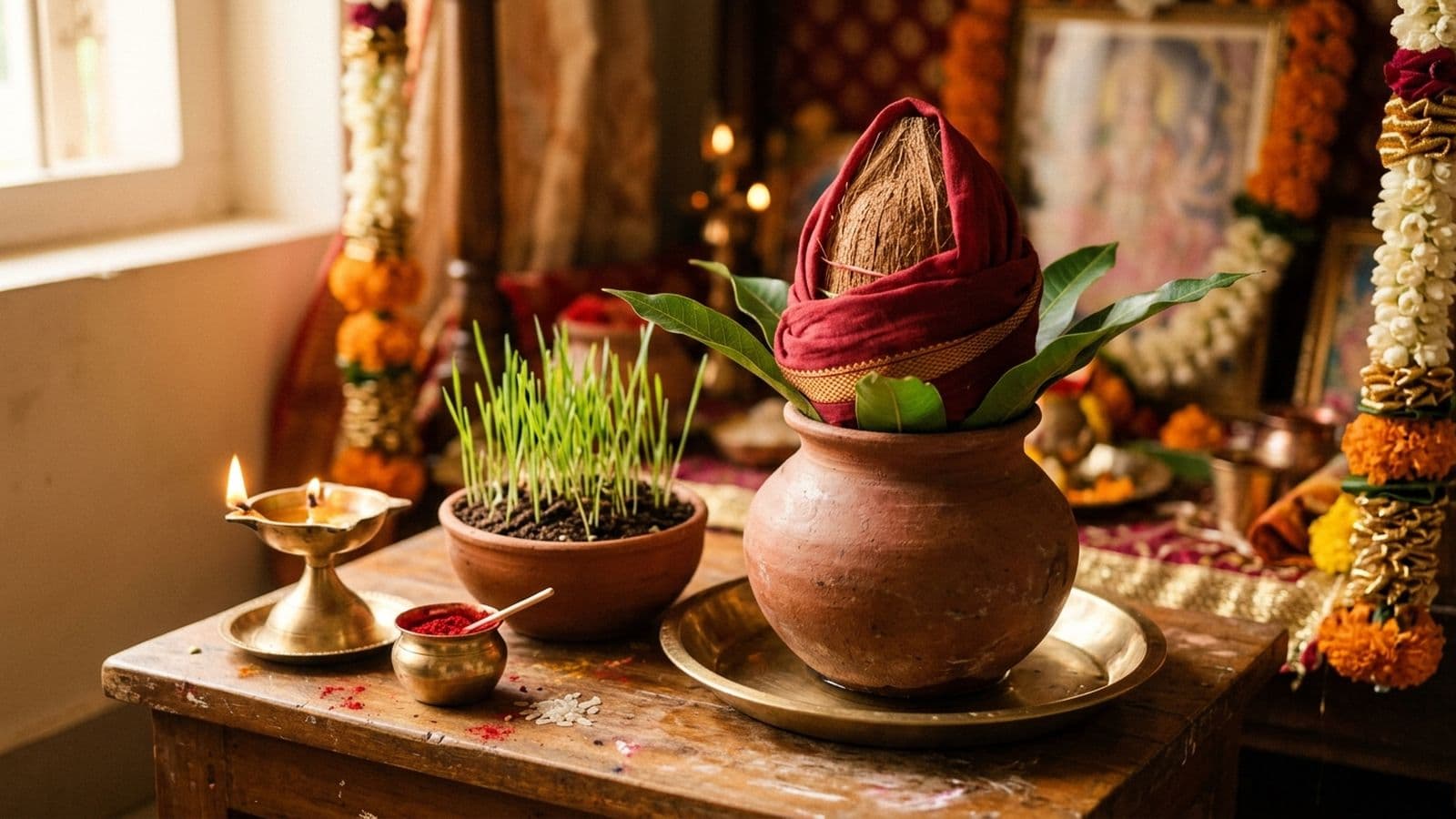 A brass kalash with mango leaves and a coconut set on a bed of sown barley for Ghatasthapana on the first day of Sharadiya Navratri