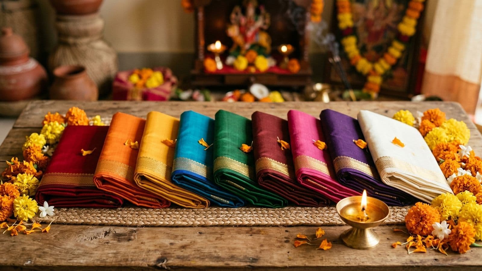 Nine coloured chunris arranged around a decorated Durga kalash for the nine nights of Navratri