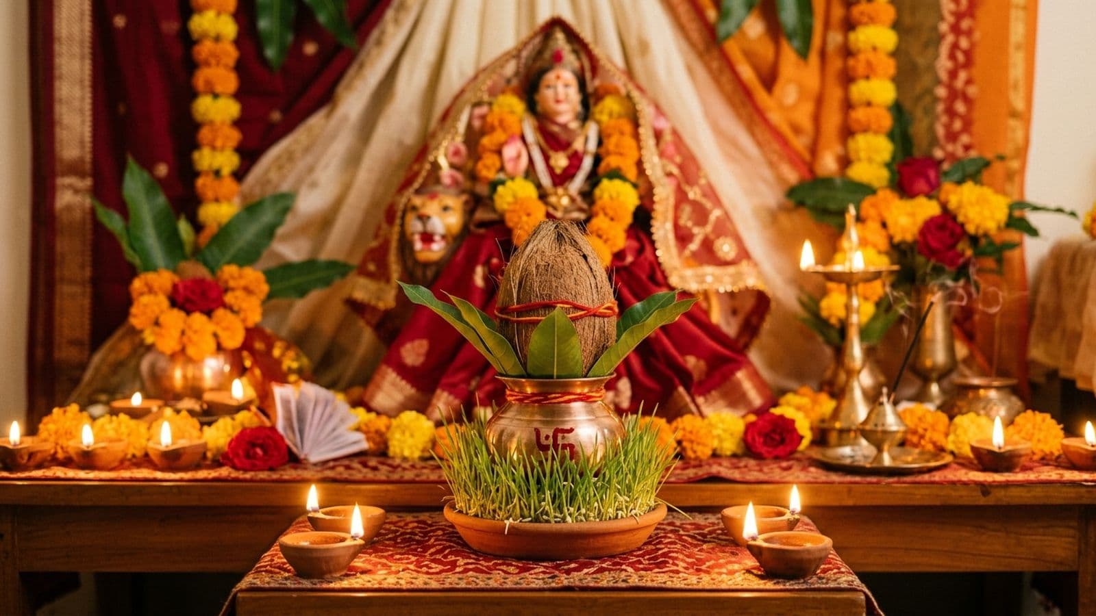 A brass kalash on a bed of barley for Ghatasthapana, with a Durga image, marigolds and a lit lamp on the first night of Sharad Navratri