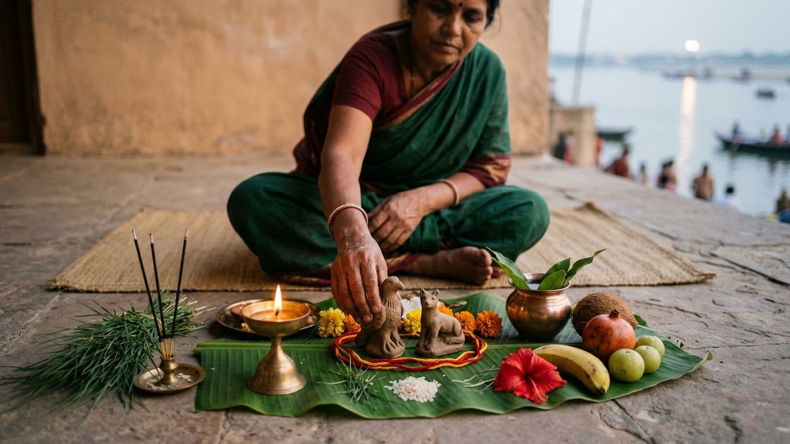 A mother keeping the nirjala Jitiya (Jivitputrika) vrat with a clay eagle and jackal beside the evening puja lamp
