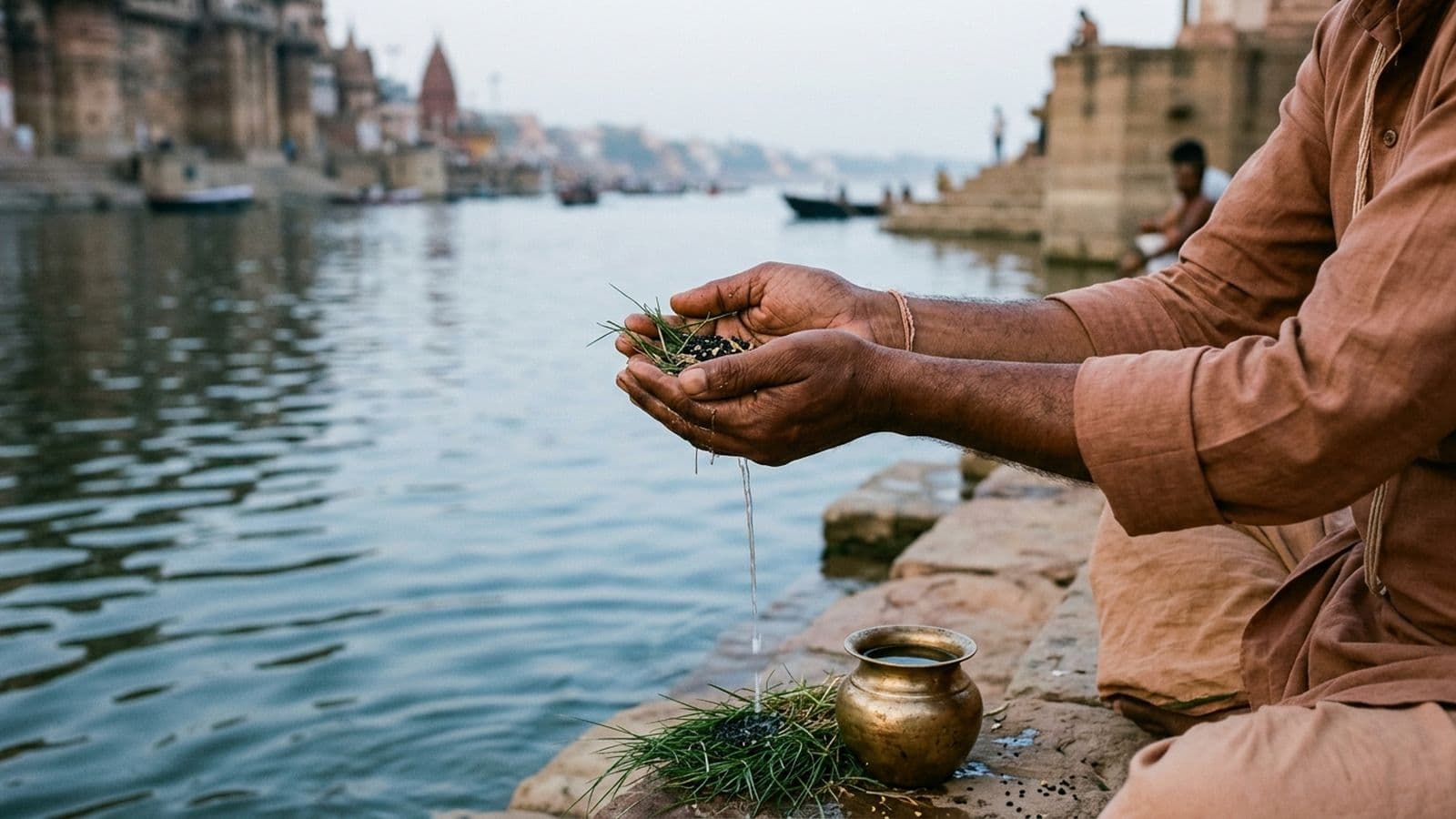 Hands offering water with black sesame and kusha grass in the afternoon, facing south, during Pitru Paksha tarpan