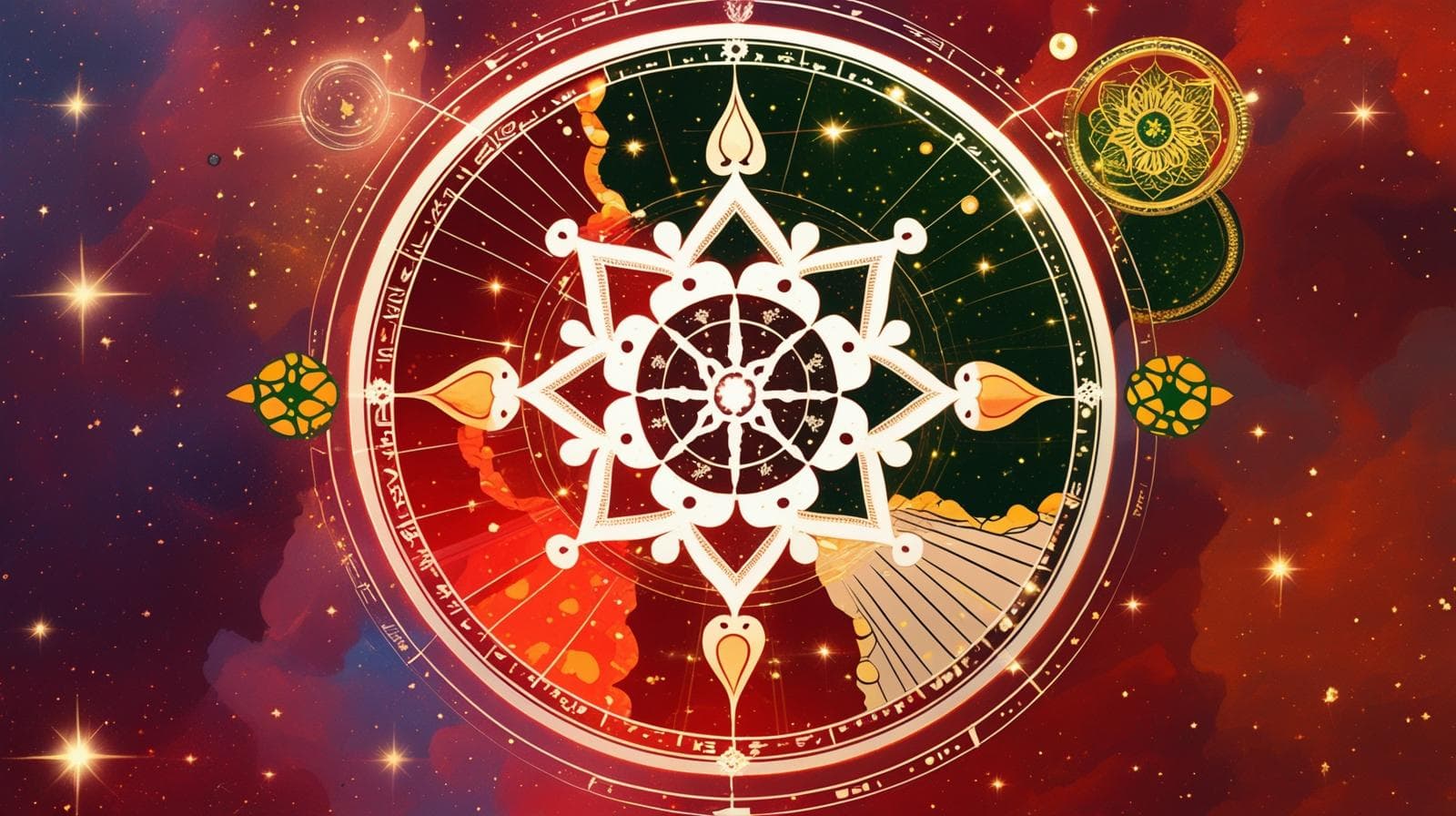 Mystical Vedic astrology chart with cosmic background showing Rahu Kaal timing wheel with ornate mandala patterns and celestial symbols