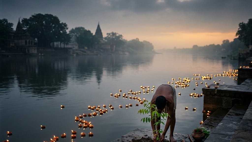 A young sapling being planted in dark monsoon soil on Hariyali Amavasya, with lamps and offerings beside it