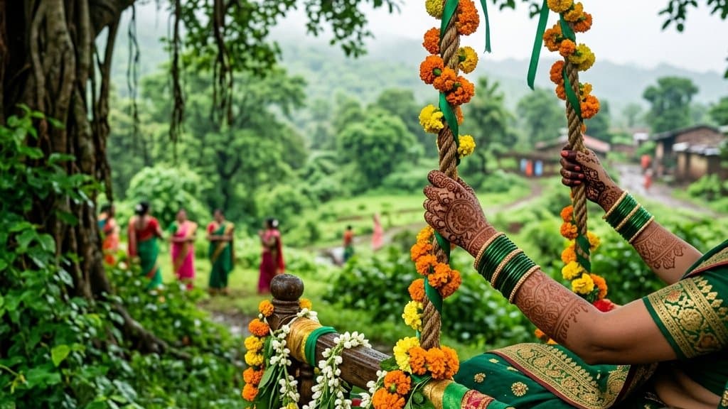 Women in green with mehndi and bangles beside a flower-decked swing on Hariyali Teej