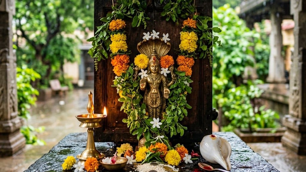 A lamp and tulsi leaves before an image of Vishnu on Kamika Ekadashi, with an open scripture beside them