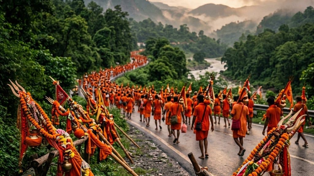 Saffron-clad kanwariyas carrying decorated kanwars with pots of Ganga water along the highway during Sawan