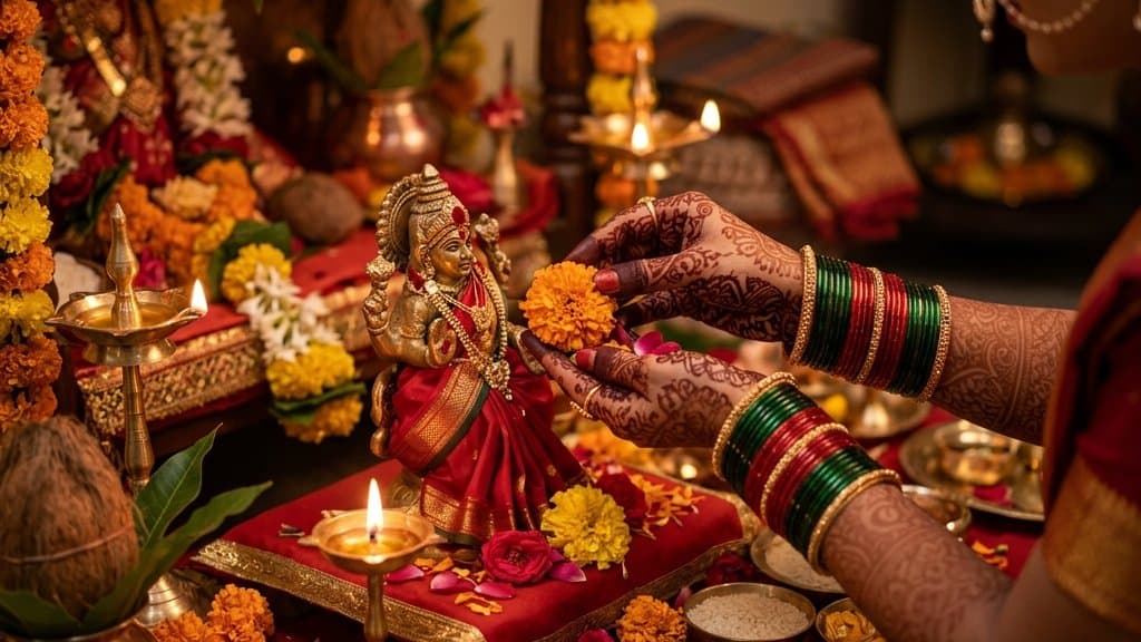 A married woman offering flowers and a lamp to Goddess Gauri on a Sawan Tuesday, with sixteen items of shringar laid out