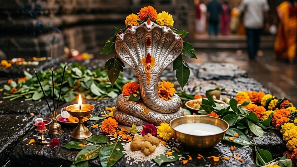 Milk, lotus and lamps offered before a serpent (Naga) image on Nag Panchami morning