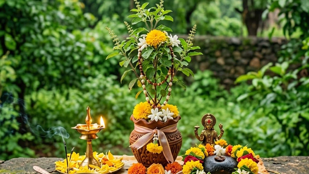 A lamp, tulsi and flowers before an image of Vishnu on Putrada Ekadashi, with a mother and child in soft focus behind