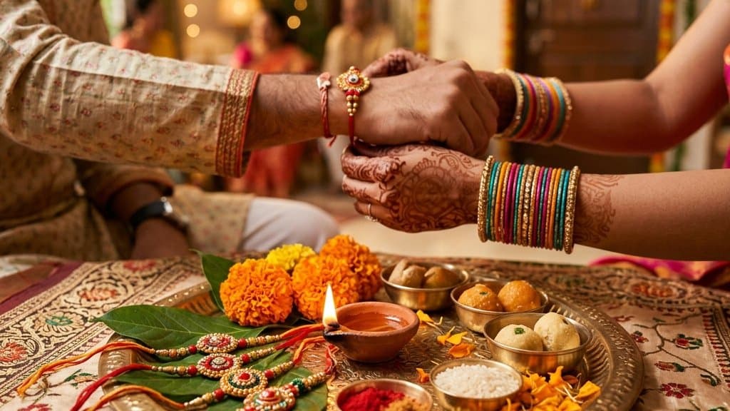 A sister tying a decorated rakhi on her brother’s wrist, with a puja thali of roli, rice and sweets beside them