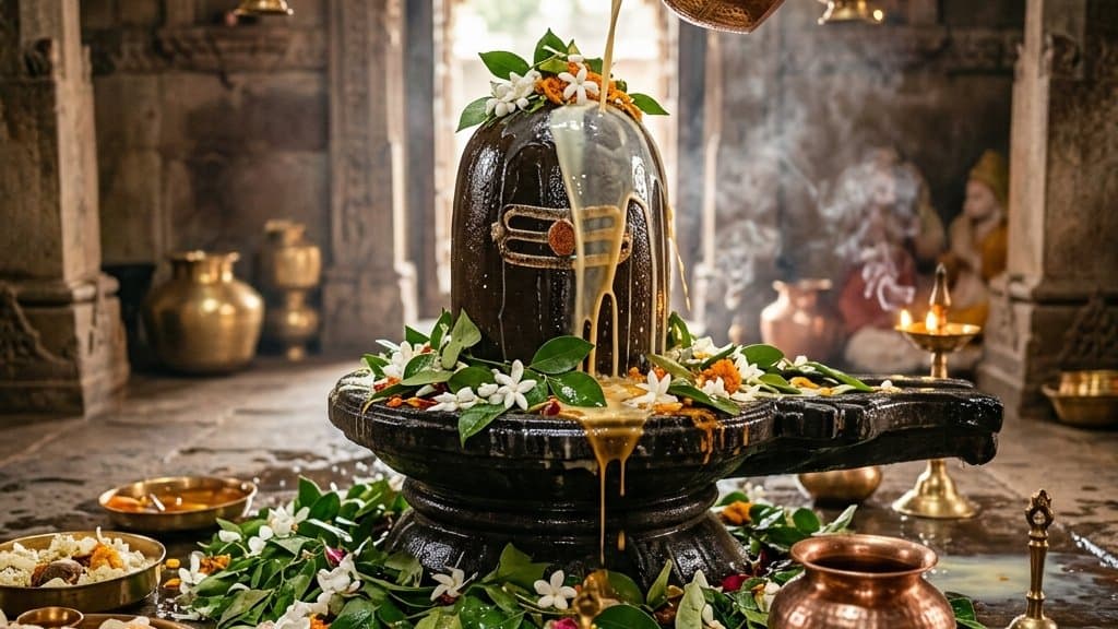 Milk and water being poured over a Shivling during Rudrabhishek, with bilva leaves, a conch and lamps around it