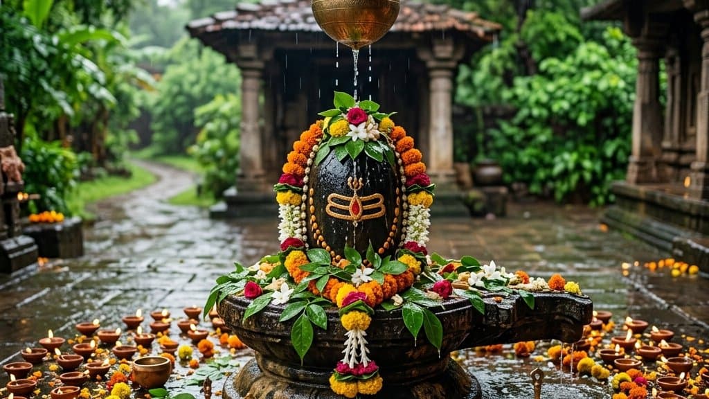 A garlanded Shivling receiving water abhishek with bilva leaves and marigold in a rain-washed temple courtyard during Sawan