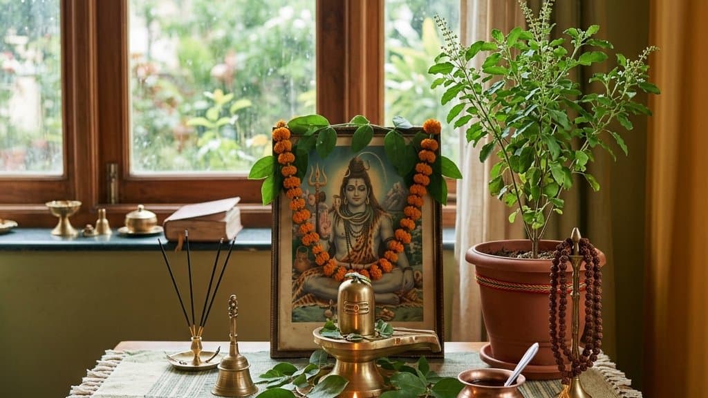 Shivling with bel patra, white flowers and a water pot, illustrating the rules of Sawan worship