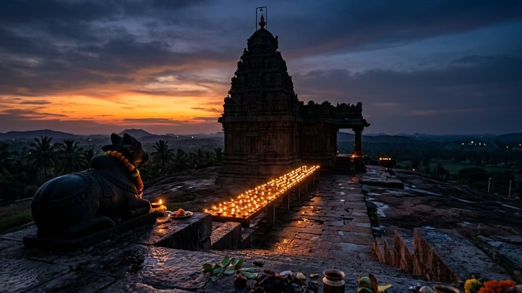 An oil lamp and bilva leaves before a Shivling at dusk during Pradosh Kaal, the twilight hour of Shiva worship