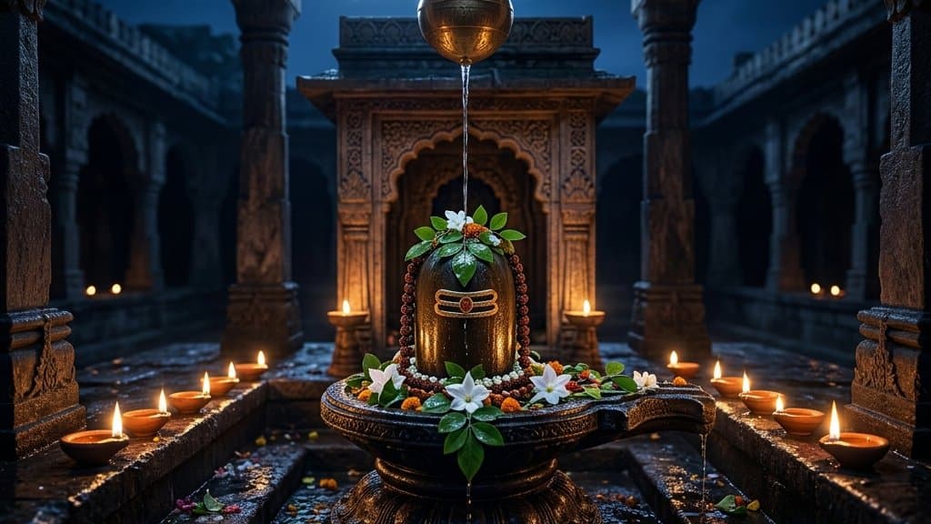 Oil lamps and bilva leaves before a Shivling on Sawan Shivratri night, water vessel ready for jalabhishek