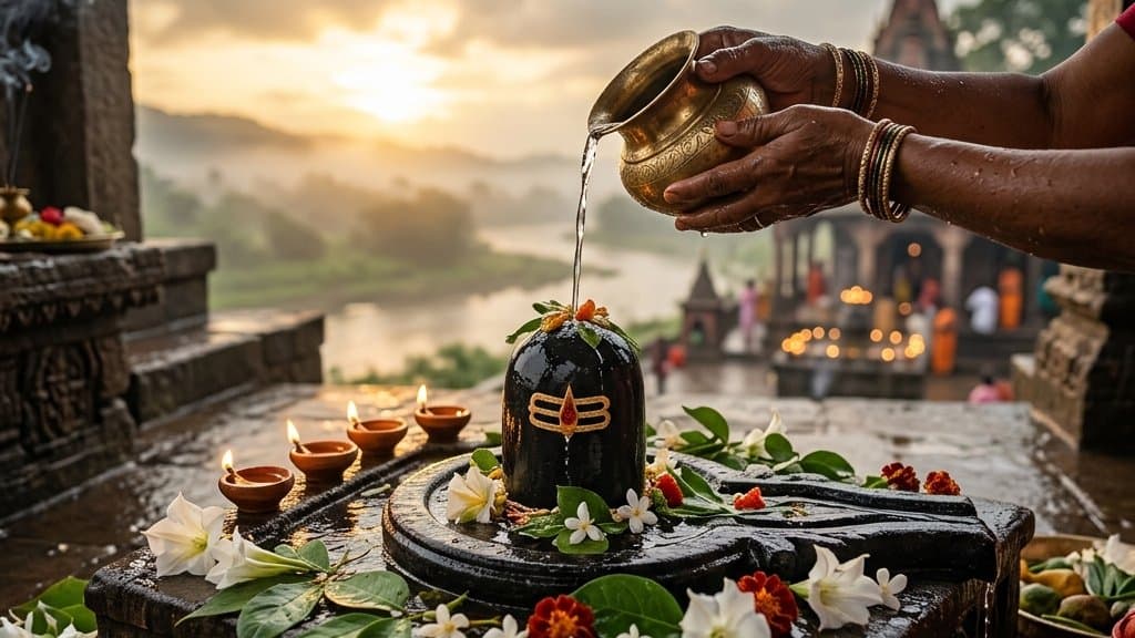 Devotee’s hands pouring water over a Shivling at dawn on a Sawan Monday, with bilva leaves and lamps
